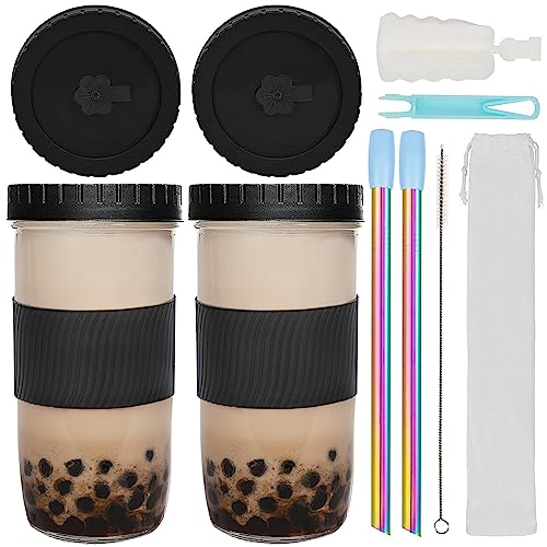 ZgoEC 730ml Bubble Tea Becher mit Deckel und Strohhlam, 2er Auslaufsicher Bubble Tea Gläser, Wiederverwendbare Trinkglas Tumbler Cup Eiskffee Becher, Schwarze Smoothie Becher Trinkbecher mit Stohhalm