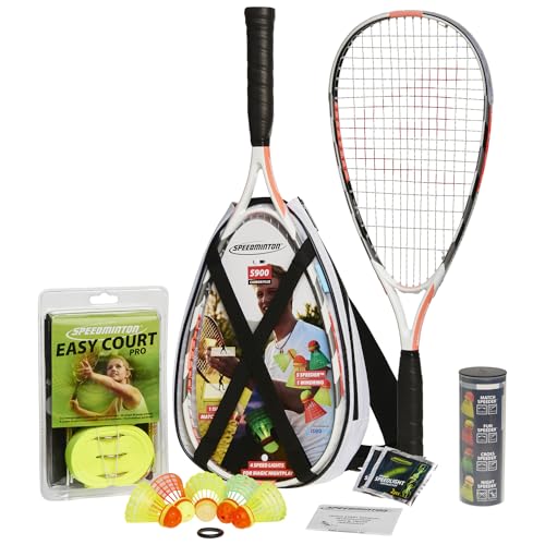 Speedminton® S900 Set – Original Speed Badminton/Crossminton Profi Set mit Carbon Schlägern inkl. 5 Speeder®, Spielfeld, Tasche, Rot/Weiß/Grau, 60 cmm