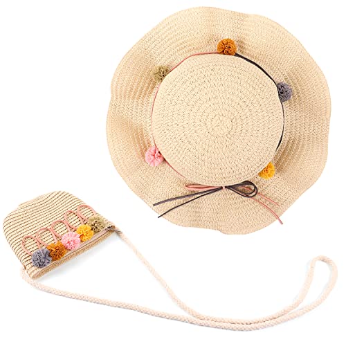 MAMUNU Strohhut und Kleine Tasche Set, Sommer Sonnenhut Mädchen Kinder, Kinderstrohhut mit Blumendekoration für den Tourismus Urlaub Reise Strand Outdoor-Aktivitäten,Stil 01 Beige