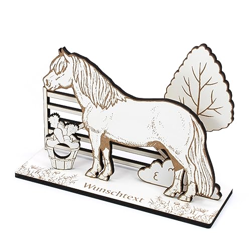 Geldgeschenk Pferd SHETLANDPONY Pferdekoppel mit Busch Zaun Baum - inkl. Wunschtext Name - Pferde Schild für Geld Gutschein Gutscheingeschenk Reiten Reiterhof - 20 x 15 cm