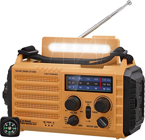 Tragbare Solar, Notfall Radio mit Kurbel, Dynamo Wetter AM/FM/SW Radio,4000mAh Wiederaufladbare Powerbank,USB-Handy-Lader,LED Taschenlampe & Leseleuchte,SOS Alarm,Kompass für Camping Ourdoor