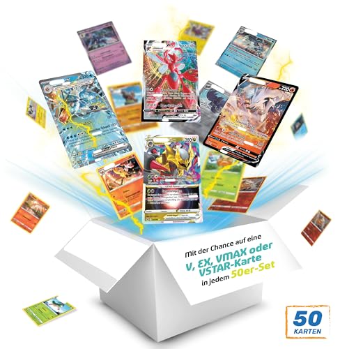 Kartenset für Pokemon Sammelkarten - 50 Verschiedene Neue Deutsche Sammelkarten - 3X Holo-Karten - 1x super seltene V,EX,VMAX Oder VSTAR Pokémonkarte Garantiert