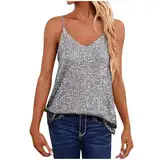 ANHATUIV Damen-Tanktop mit Pailletten, lässig, modisch, V-Ausschnitt, Riemchen, Pailletten, schimmernd, ärmellos, Tank-Tops, glitzernd, Party, Club, Tank-Top, ärmellose Shirts, silber, L