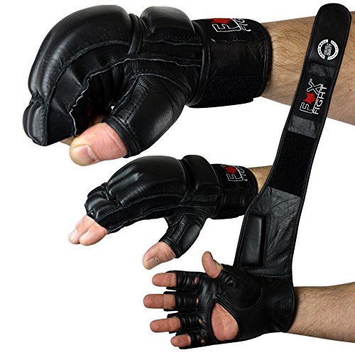 Freefight MMA Handschuhe professionelle hochwertige Qualität echtes Leder Boxhandschuhe Sandsack Training Sparring Muay Thai Kickbox Kampfsport BJJ Sandsackhandschuhe Gloves FOX-FIGHT schwarz, L