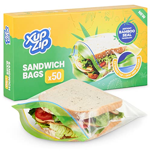 XupZip Sandwichbeutel Druckverschlussbeutel mit luftdichten Bambusverschlüssen – BPA freie Lebensmittel aufbewahrungsbeutel|Kunststoff| Wiederverwendbare Sandwichbeutel, 50 Beutel