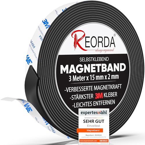 Reorda® Magnetband selbstklebend I Höchstmögliche Haftkraft durch stärksten 3M-Kleber I Magnetband mit optimierter Magnetkraft durch Anisotropic Material I Anwendbar in Küche, Schule & Büro