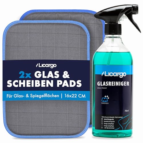 LICARGO® Scheiben Set Pads - 2X Glas & Scheiben Pads + Glasreiniger (750ml) - für streifenfreie Scheiben - kraftvoller Auto Scheibenreiniger innen und außen (Scheiben Set Pads)