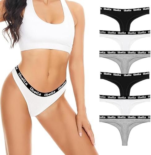 Lakpoau 6er Pack String Tanga Damen Set Baumwoll Unterhosen Damen Tangas Unterwäsche Frauen mit Niedriger Taille Atmungsaktiv Unterwäsche Schwarz Weiß Grau BWG XL