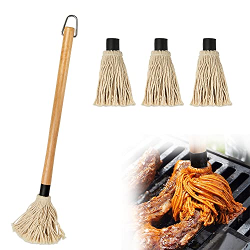 Grillpinsel BBQ Pinsel Basting Mop Profi Sauce Soßen Marinaden Grillbürste Barbecue mit Holzgriff und 3 Stück Extra Ersatz Köpfe zum Kochen Braten Grillen