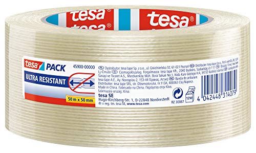 tesapack Ultra Resistant Filamentband - Ultra starkes Premium-Klebeband, glasfaserverstärkt - für schwere Kartons bis zu 30 kg und zur Transportsicherung - 50 m x 50 mm - Transparent