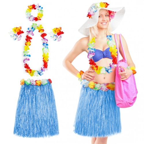 Aomig Hawaii Mottoparty Kostüme Set Rock, Hawaiian Gras Hula Rock Sets, 60cm Lange Hawaiianischer Grasrock mit Halskette Armbänder Haarblume Grasröcke für Cheerleading Strand Party Ostern (Blau)
