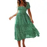 Skang Sommerkleid Große Größen Damen Damen-Kleid mit eckigem Ausschnitt und kurzen Laternenärmeln, Blumen-Sommer-Strand, hohe Taille, Rüschen, Aline-Midi-Kleider Blusenkleid Schwarz