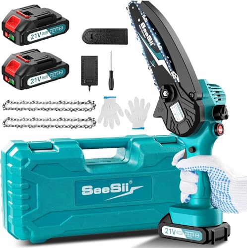 Mini Kettensäge mit Akku 4000mAh, SEESII 6 Zoll Mini Kettensäge Elektro mit Automatischer Öler und 2 Akku 2000mAh, Handkettensäge Akku für Gartenscheren Astschere Holzschneidenz
