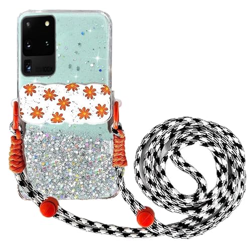 Rnrieyta Miagon Handykette Hüll für Samsung Galaxy S20 Ultra Glitzer Durchsichtig Case mit Universal Blume Telefon Clip Kordel zum Umhängen Handyanhänger Halsband Lanyard