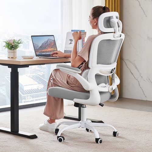 TRALT Bürostuhl Schreibtischstühle Mesh Computer Schreibtischstuhl mit Rollen Ergonomischer Bürostuhl Höhenverstellbar Drehstuhl Arbeitsstuhl (Schwarz) (Kopfkissen, Hellgrau)