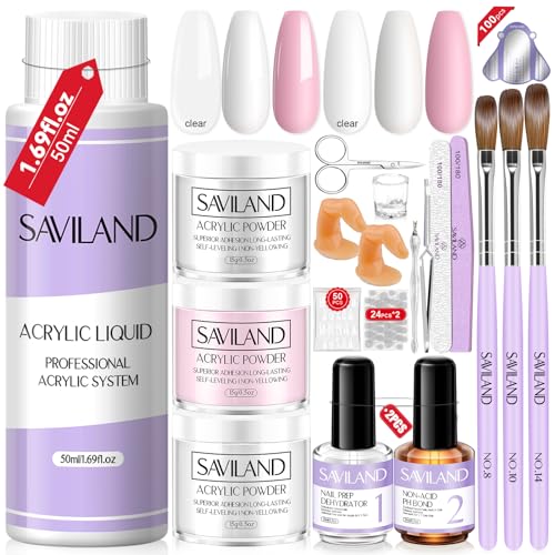 Saviland Acryl Nagelset Starterset: 3 Farben Acryl Pulver 50ml Acryl Liquid Set - mit Nail Primer Nail Dehydrator Acryl Pinsel, Acryl Nägel Starterset für Anfänger nägel selber machen DIY Acrylnägel