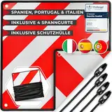 ATHELON® 3in1 Warntafel für Italien, Spanien & Portugal - Reflektierendes Warnschild inklusive 4X Spanngurte & Schutzhülle - Hochwertige Warntafel Italien für Fahrradträger & Wohnmobil