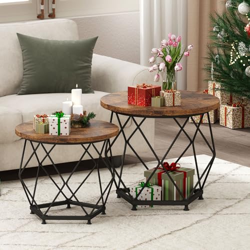 Matoresu Couchtisch Rund 2er Set, Wohnzimmertisch Klein, Beistelltisch, Nachttisch, Sofatisch, Satztische for Wohnzimmer, Schlafzimmer, Balkon, Büro, Stabil und Einfach zu Montieren