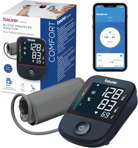 Beurer BM 48 Oberarm Blutdruckmessgerät, einfache Bedienung mit nur einem Knopf, sanfte und schnelle Messung, Arrhythmie-Erkennung, großes Display, mit App-Anbindung, Manschette für 22-42 cm