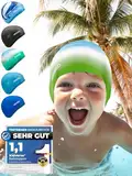 KIDVERSE Badekappe Kinder 6-9 Jahre - Badehaube Kinder mit Anti-Rutsch-Noppen für maximalen UV Schutz Schwimmhaube Kinder extra reißfest & wasserdicht - Schwimmkappe Blau Weiß Grün