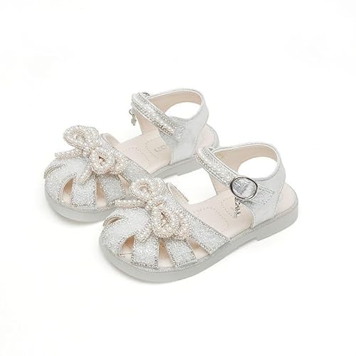 Kinder Baby Sommer Mädchen Geschlossene Zehen Sandalen Perle Glitzer Kristall Schleife Prinzessin Schuhe Rutschfeste Kinderschuhe (Silver, 24 Toddler)