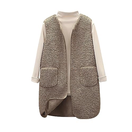 AMhomely Teddy-Fleece-Weste für Damen, leicht, ärmellos, Knopfleiste, Weste, Mantel, Stehkragen, Weste, Tasche, Polarfleece, V-Ausschnitt, Kunstfell-Ledermäntel, 01 Khaki, 42