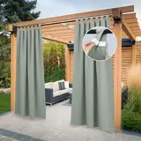 PONY DANCE Terrasse Vorhänge Outdoor Gardinen Wasserdicht Schlaufenschal 2er Set Balkon Vorhang Sichtschutz Outdoorvorhänge Wetterfest mit Klettverschluss, H 243 x B 132 cm, Salbeigrün