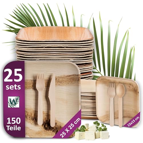 Waipur Bio Palmblatt Geschirr Set mit Holz Besteck - je 25 große Teller und Dessertteller, 50 Gabeln, je 25 Messer und Löffel - ähnl. Bambus-Teller Einweg