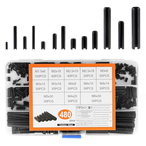 480 Stück Spannstift Hohlsplinte Set, Spannstifte Splinte Sortiment, Hohl Federstifte, Sicherungsstift, Manganstahl Hohlsplint Kerbstifte(M1.5/M2/M2.5/M3/M4/M5/M6)