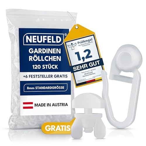 NEUFELD® 120 Gardinenröllchen für Innenlauf Schienen (inkl. 6 Feststeller) I Waschfeste Vorhangrollen I Gardinenhaken Gleiter [8mm Standardgröße] (120)