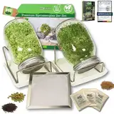 Green SEEDS® [Das Original Sprossenglas 2er Set + KRESSESIEB + 3 x Saatgut-Set mit hochwertigem Edelstahl-Gitterdeckel, Ständer, Keramikschale + Sprossen-ABC [Druckversion] Keimglas Anzuchtset