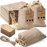 30 Stück Jute-Geschenktüten mit Kordelzug und 30 Stück Geschenkanhänger, 7.6x10cm wiederverwendbare Geschenktüten, Jutebeutel, Tasche für Hochzeitsgeschenke, Party, Schmuckbeutel, Weihnachten