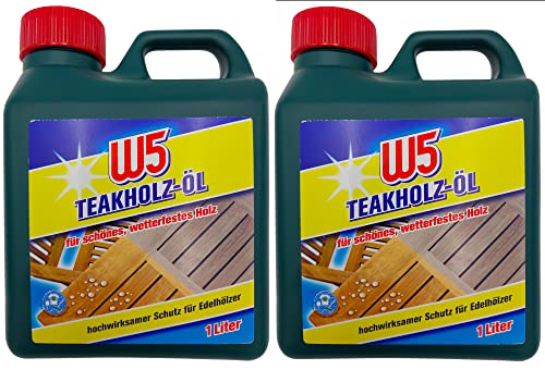 BURI W5 Teak Öl 2 Liter Holzöl Holzschutz Pflegeöl Hartholzöl Innen & Außen Holzpflege für schönes wetterfestes Holz - 2X 1 Liter Teakholz-Öl Schutz farblos für Edelhlözer