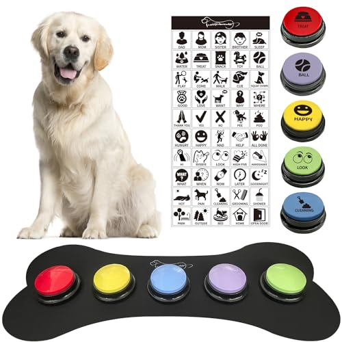 BUYVIKAY Satz von 5-Farben-Hunde Button mit Gummimatte für Kommunikation, Hund sprechende Tasten mit 50-Aufklebern, Haustier-Tasten, trainieren Sie Ihren Hund, um zu sagen