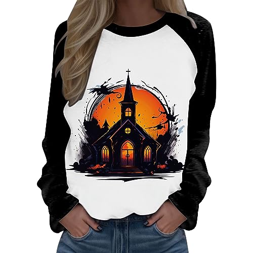 QWUVEDS Halloween kostüm Damen Halloween 2 Halloween kostüm mädchen Lässiges, langärmliges Halloween-Pullover-Sweatshirt mit Rundhalsausschnitt für Damen Büro Kleidung Damen (Orange, S)