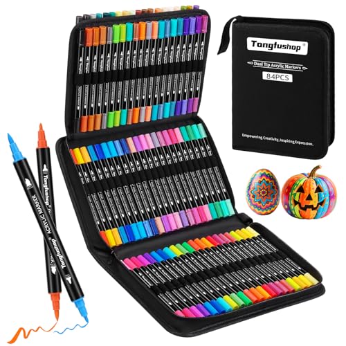 Tongfushop 84 Farben Acrylstifte Set, Doppelspitze Acrylstifte für Steine Wasserfest, Schnelltrocknende Steine Bemalen Acrylic Marker für Glas, Holz, Keramik, Leinwand, Basteln Ostern, Weihnachten.