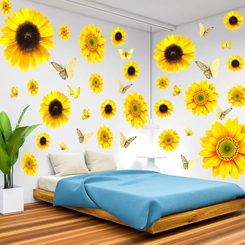 Große Sonnenblumen-Wandaufkleber – 39 Stück Sonnenblumen-Gänseblümchen-Aufkleber für Wand,3D-Schmetterling, Badezimmer, Kinderzimmer, Dekoration, abnehmbare gelbe Blumen, Schlafzimmer