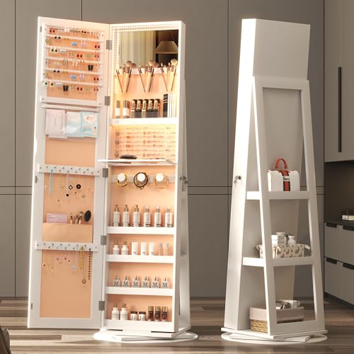 Vlsrka LED Schmuckschrank Stehend, 360° Drehbarer Schmuckschrank mit Spiegel, Schmuck Spiegelschrank Abschließbar, Moderne Schmuckspielgelschrank, Geschenke für Damen, 3 Farben LED-Licht (Weiß+Beige)