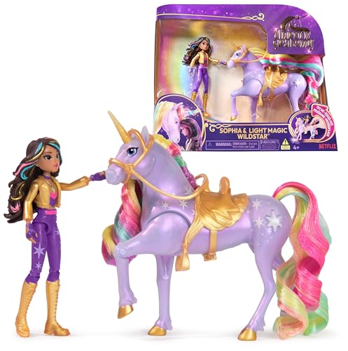 Unicorn Academy Licht-Magie Wildstar und Sophia - ca. 12 cm große Originalfiguren zur beliebten Netflix-Serie, Einhorn Wildstar mit magischem Regenbogenlicht, für Kinder ab 4 Jahren