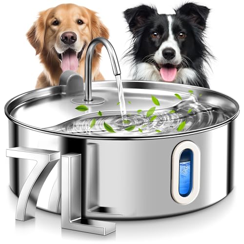 FUKUMARU 7L Trinkbrunnen für Hunde, Katzenbrunnen mit 5-Schicht Filtration und LED -Licht，Edelstahl Hundebrunnen mit Leiser Pumpe, mit Überlastschutz, für große Hunde/Mehrere Katzen, mit 3 Filter