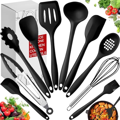 Retoo Silikon Küchenhelfer Set, 10 Stück Kochutensilien Kochgeschirr, Hitzebeständig, BPA-frei, Antihaft mit Ergonomischen Griffen, Spülmaschinengeeignet, Inklusive Aufbewahrungsbox, Schwarz
