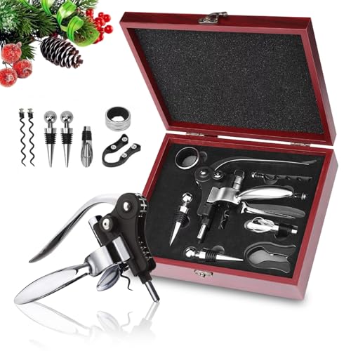 Korkenzieher Wein Set, 8 Stück Manueller Weinöffner Sommelier-Sets, Edelstahl Rotwein Flaschenöffner mit klassischem Holzetui für Weinflaschen, Weinöffner Kit für Hochzeit Christmas Papa Vatertag