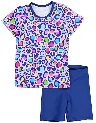 Aquarti Baby Mädchen Zweiteiler Kinder Badeanzug Bade-Set Bade T-Shirt Badehose UV-Schutz, Farbe: Leopardenmuster Rosa Pink Lila Dunkelblau, Größe: 98