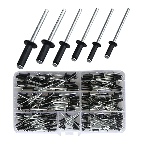 210 Stück Blindnieten Set,Aluminium Dom Großflansch Nieten Sortiment Kit(M3,2/M4/M5) Länge(8/10/12/14/16mm) Popnieten für Metall, Aufbewahrungsbox,Möbel,Marine (Schwarz)