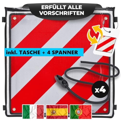 MATADORES Premium 3in1 Warntafel für Italien UND Spanien + Portugal | + Tasche + 4 Spanngurte | Aluminium, 50x50cm, reflektierend | Für Fahrradträger/Heckträger