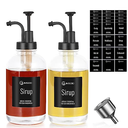 DUNSOO Kaffee Sirup Spender Set | 2 x 500 ml Sirup Pumpspender mit 24 Aufkleber,1Trichter aus Rostfreiem Stahl | Ölflasche mit Ausgießer für Küche (Black/500ml)