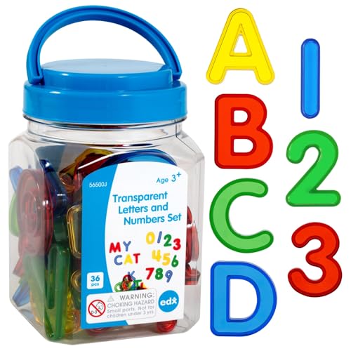 edxeducation Transparente Buchstaben und Zahlen - Minidose - Bunte Buchstaben und Zahlen aus Kunststoff - Zubehör für den Leuchtkasten - Sensorisches Spiel - Zählen und Buchstabieren üben