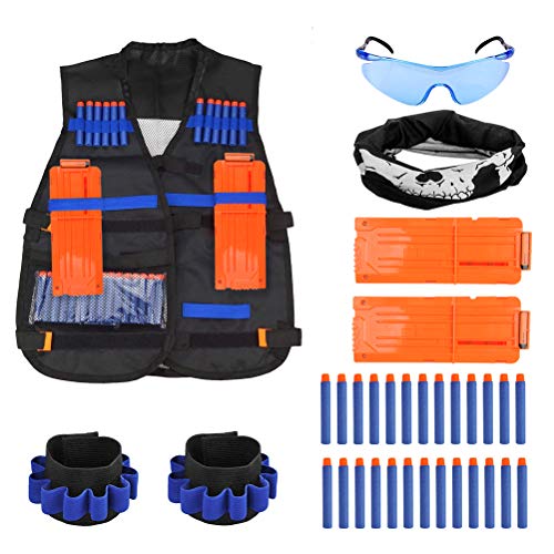 TIMESETL 37Stück Taktische Weste Jacke Set für Kinder, Nerf N-Strike Elite Set, Nerf Weste, Nerf Zubehör Set mit 30er Darts + 2er Schnellladeclips + 1 Nerf Brille + 1 Maske + 2 Armbänder