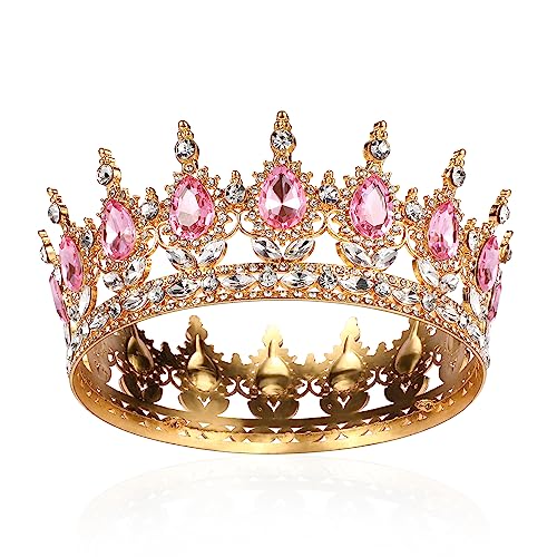 Volle Runde Tiara Barock Tiaras Brautkrone Kristall Königin Krone Sparkly Rosa Strass Tiaras Frauen Prinzessin Karneval Kopfschmuck Schmuck für Halloween Kostüm Hochzeit Prom Geburtstag Festzug Party