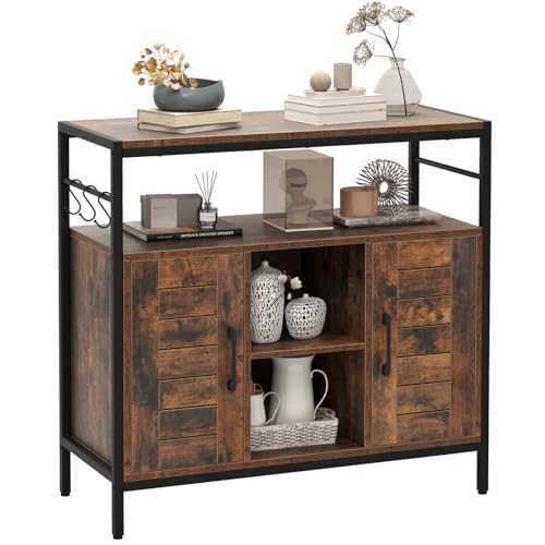 COSTWAY Sideboard Holz, Küchenschrank mit 3 Haken, Kommode mit 2 Türen, offenen Fächern, verstellbaren Regalen, Aufbewahrungsschrank für Küche, Esszimmer, Wohnzimmer, Industrie-Stil